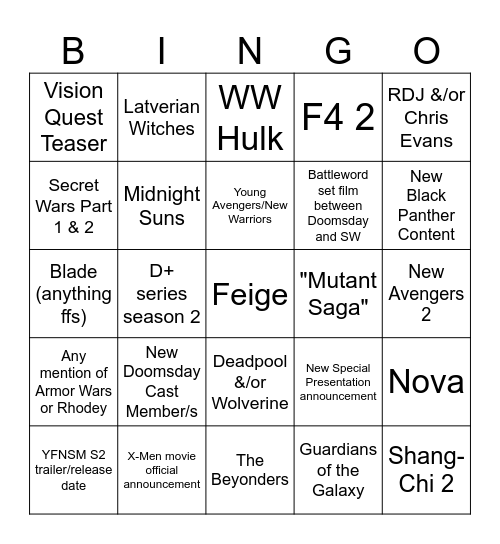Marvel SDCC 2026 Bingo Card