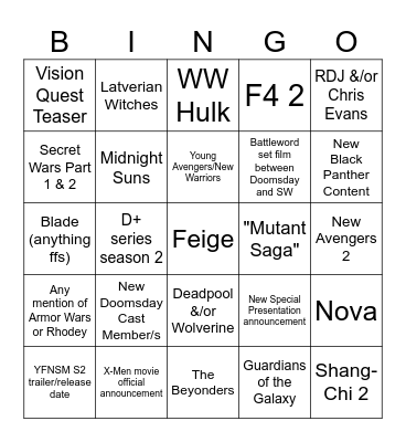 Marvel SDCC 2026 Bingo Card