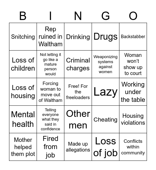 Reporting Revenge Ex Bingo Card