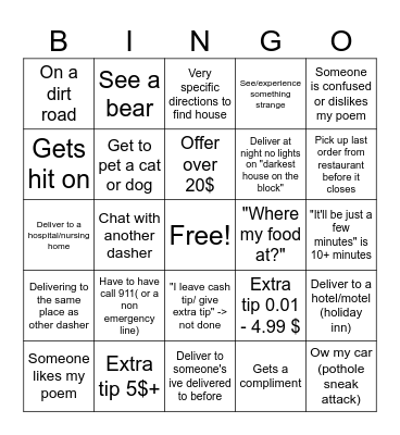 DoorDasher Bingo Card