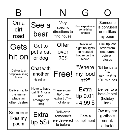 DoorDasher Bingo Card
