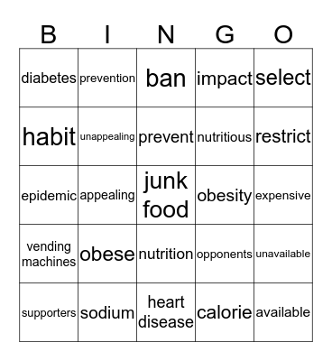 School Food Issue 2 BINGO  Bingo Card