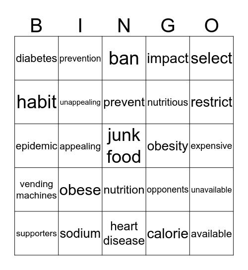 School Food Issue 2 BINGO  Bingo Card