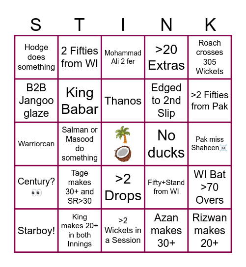 WI vs Pak Bingo Card