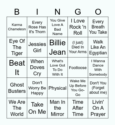 80's Hit Music Bingo Card