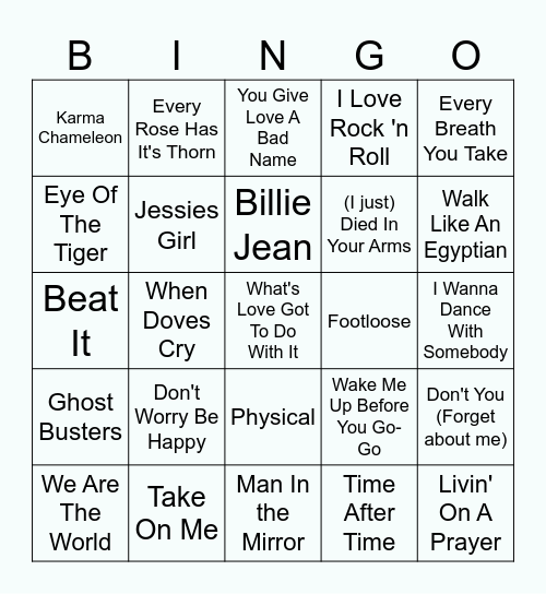 80's Hit Music Bingo Card