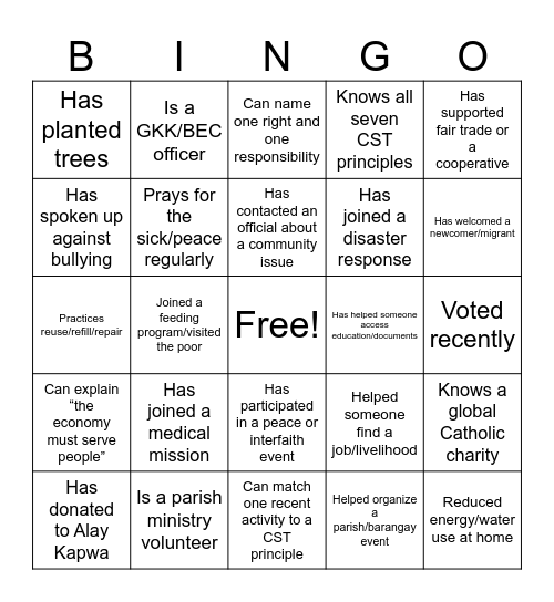 Catholic Social Teaching Human Bingo Card