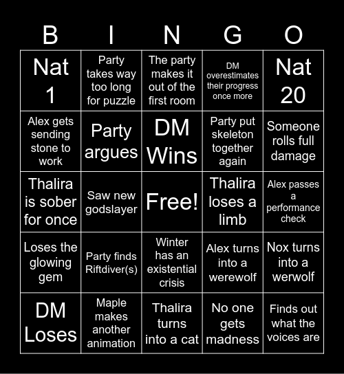 Dragonblood's Legacy 52nd Session Bingo Card