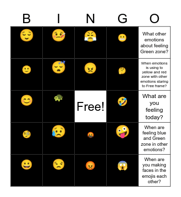 Zones of Regulation Bingo Card
