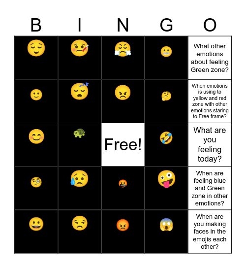 Zones of Regulation Bingo Card