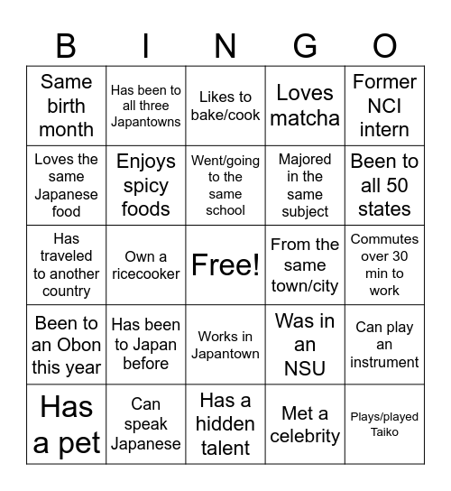 Networking Bingo Card