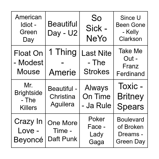 2000's at The Cabana Bingo Card