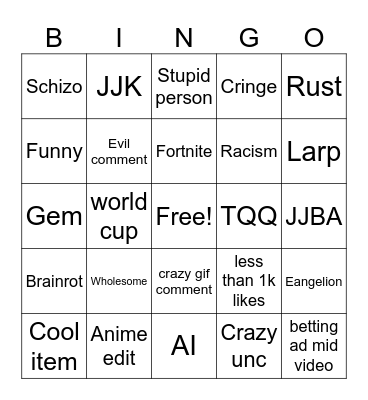 Tik Tok bingo Card