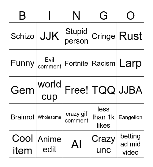 Tik Tok bingo Card