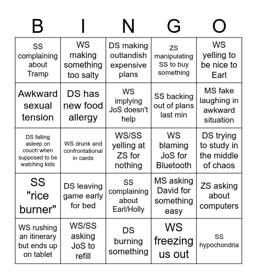 Fam Vacay Bingo Card