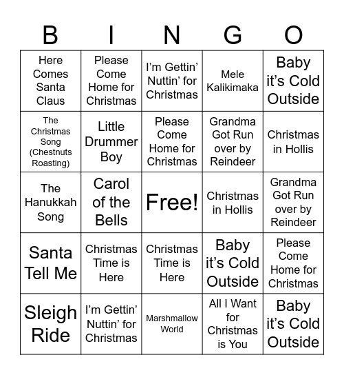 Hidden Lakes Holiday Music Bingo Card
