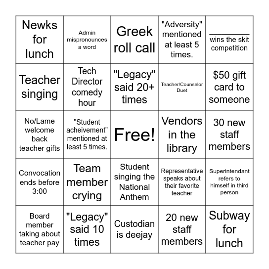 2026 Convocation Bingo Card