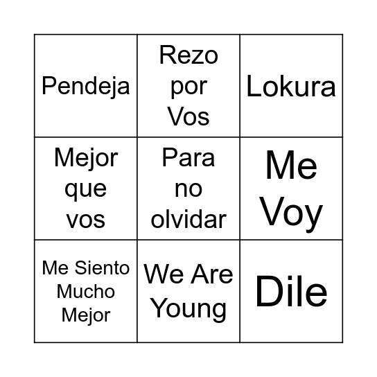 Bingo de canciones Bingo Card