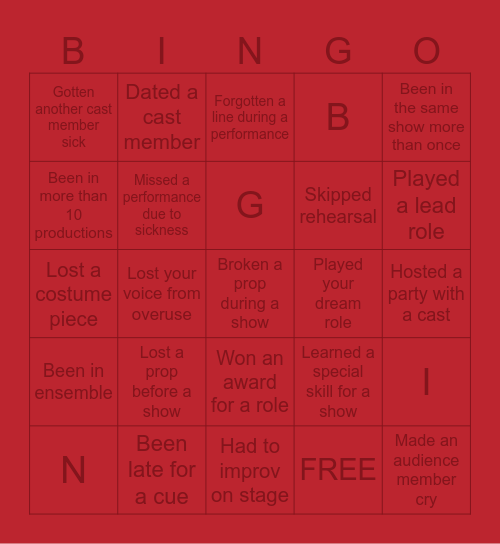 THEATRE KID BINGO Card