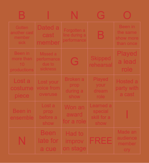 THEATRE KID BINGO Card