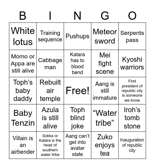 Avatar Aang Bingo Card