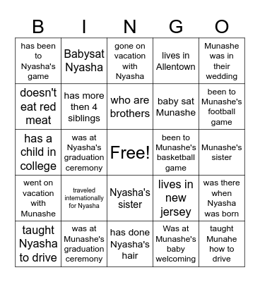 Munashe and Nyasha Bingo Card