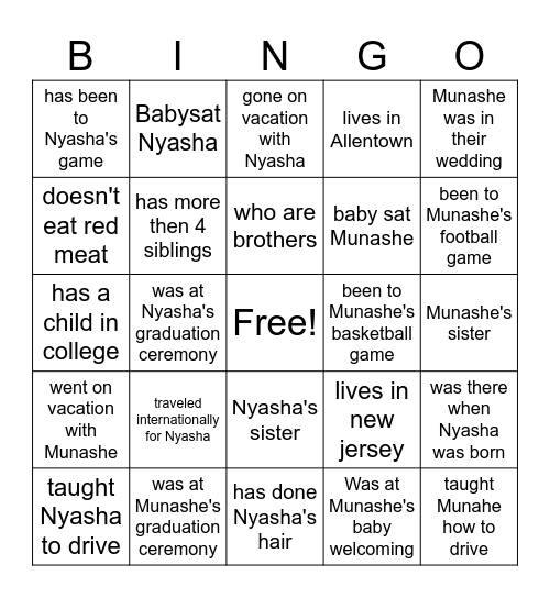 Munashe and Nyasha Bingo Card