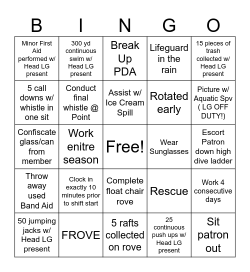 Lakeside Lifeguard Bingo Card