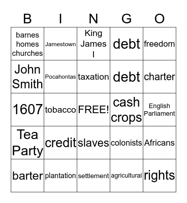 Colonial Tea Bingo Card