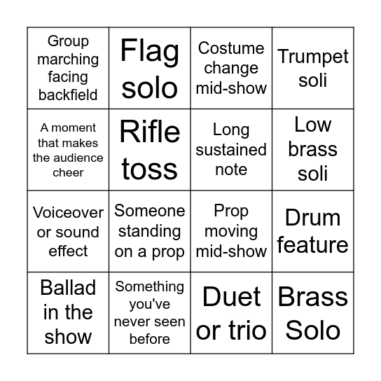 Drum Corps Bingo Card