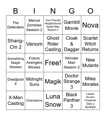 Marvel SDCC Predictions Bingo Card