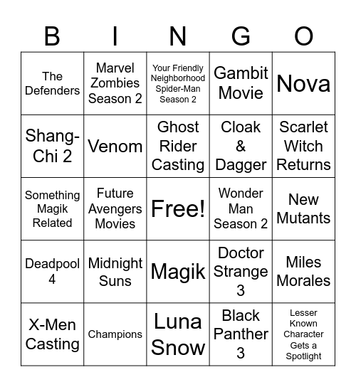 Marvel SDCC Predictions Bingo Card