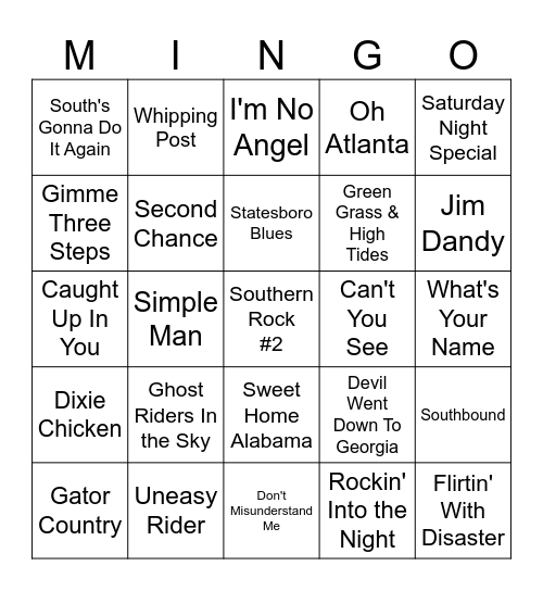 Southern Rock  #2 Bingo Card