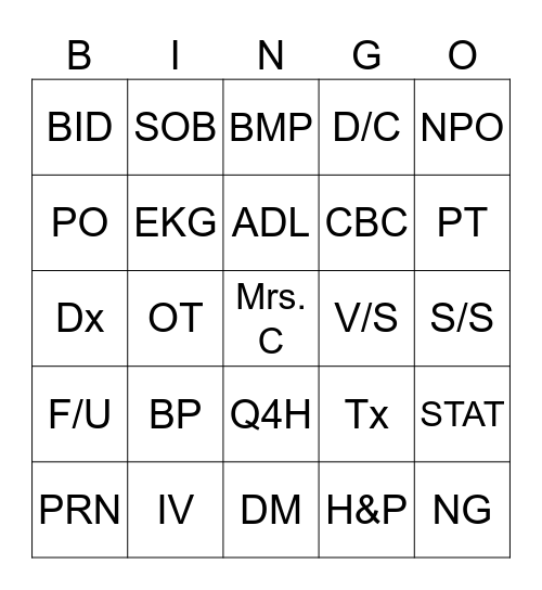 Medical Terminology Bingo Card