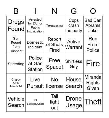 On Patrol Live Bingo Card