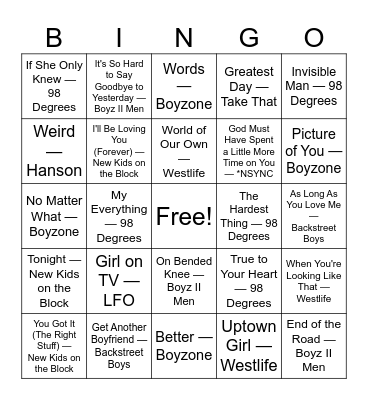 boy bands Bingo Card