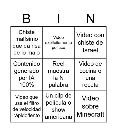 Teban Tiktoks Bingo Card