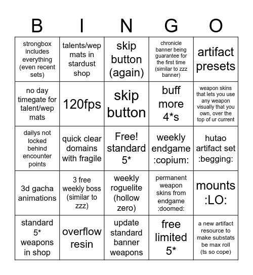 7.0 Bingo Card
