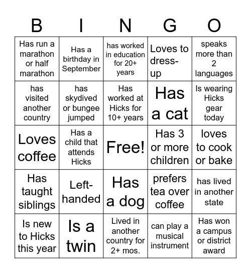 Hicks Bingo/get a different name for each box Bingo Card