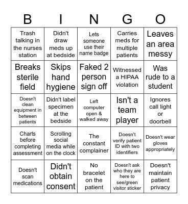 Bad Habit Bingo Card