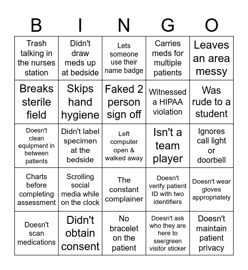 Bad Habit Bingo Card