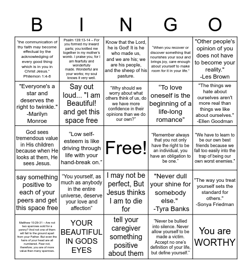 Self Esteem Bingo Card