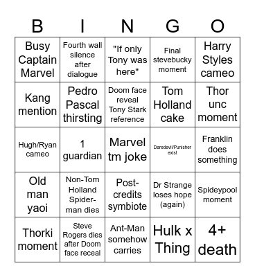 Avengers Doomsday Bingo Card