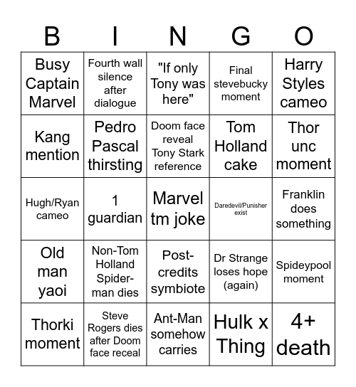 Avengers Doomsday Bingo Card