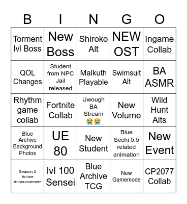 Blue Archive 5.5 Anniversary Bingo Card