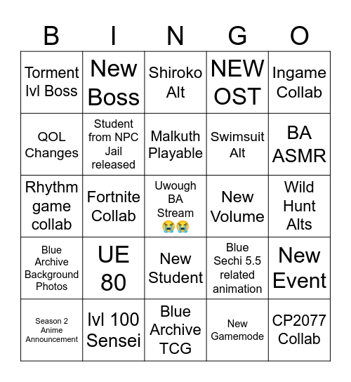 Blue Archive 5.5 Anniversary Bingo Card