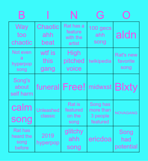 Hyperpop playlist Bingo Card