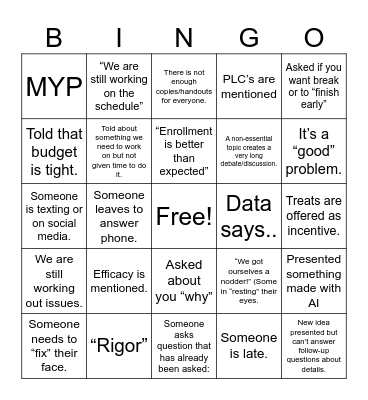 Back To School Bingo Card