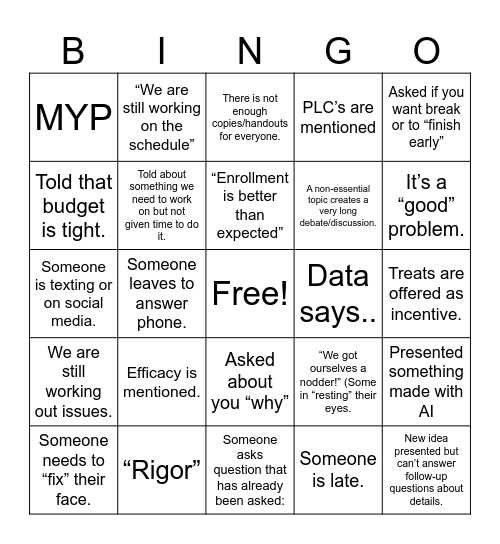 Back To School Bingo Card