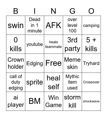 Fortnite Bingo Card